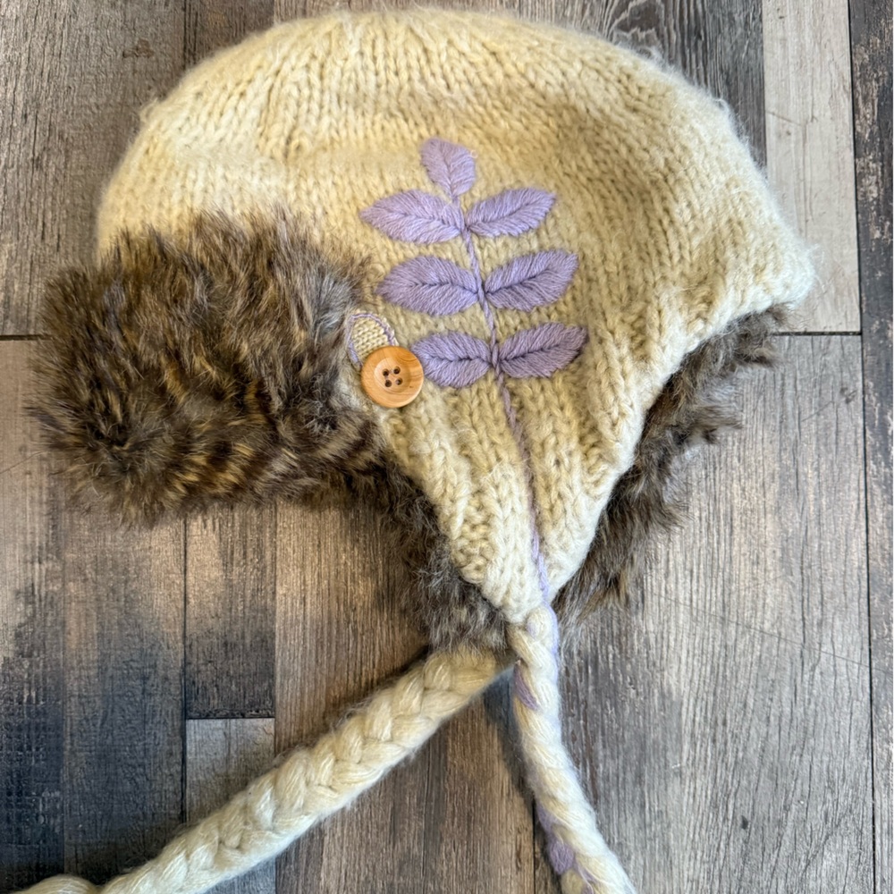 Women's Cream and Brown Knit Hat with Braided Tassels - Picture 2 of 2